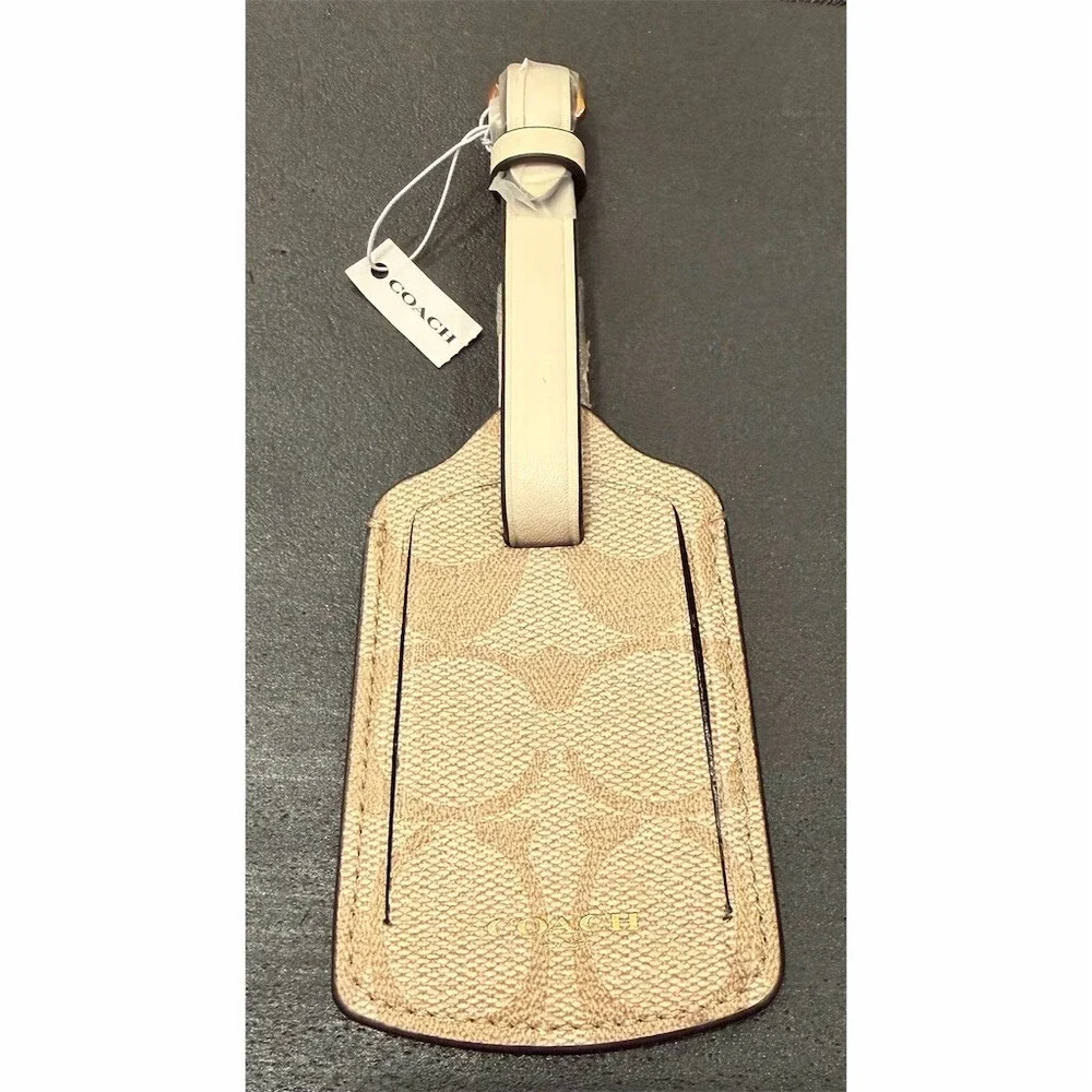 Coach Signature Canvas Luggage Tag Light Khaki Chalk Gold Tone Buckle